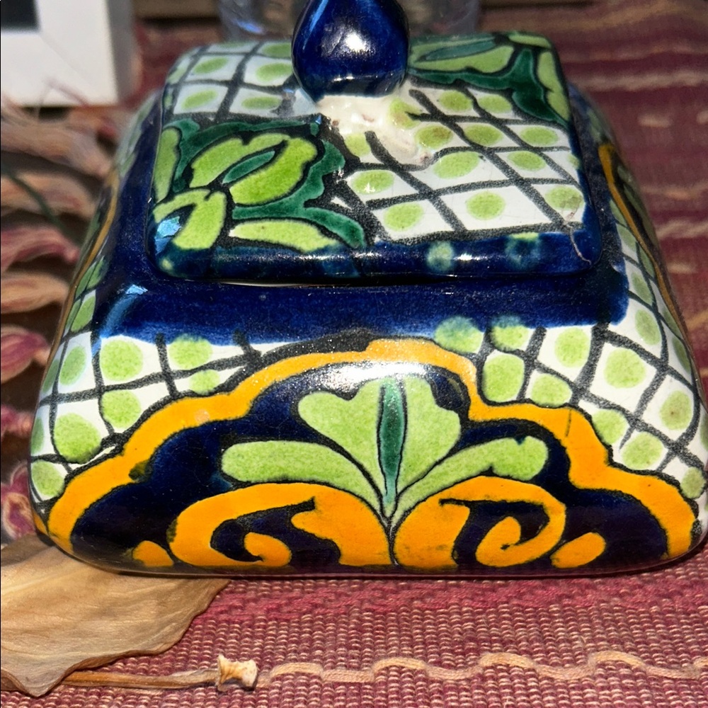 Vibrant Ceramic Art Piece with Blue, Green, and Yellow Design